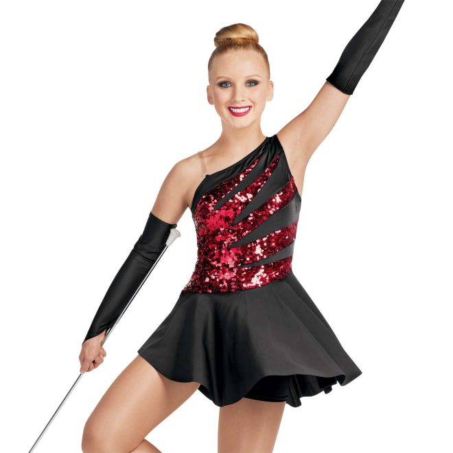 custom black and sparkly red one shoulder dress majorette uniform with black fingerloop gauntlets front view on model holding baton. With second clear strap