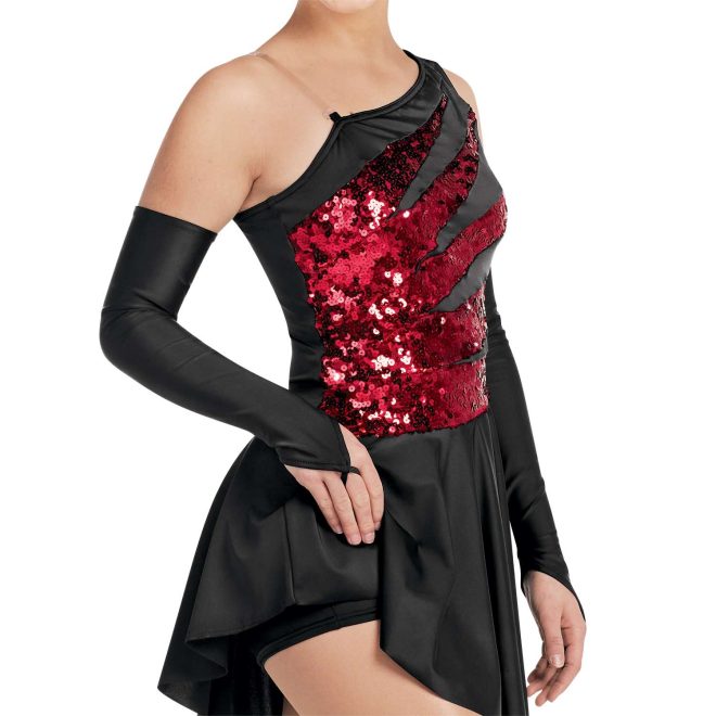 custom black and sparkly red one shoulder dress with shorts underneath majorette uniform with black fingerloop gauntlets 3/4 view on model. With second clear strap