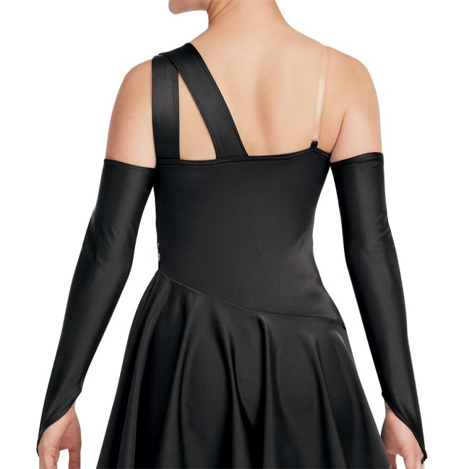 custom black one shoulder dress majorette uniform with black fingerloop gauntlets back view on model. With second clear strap