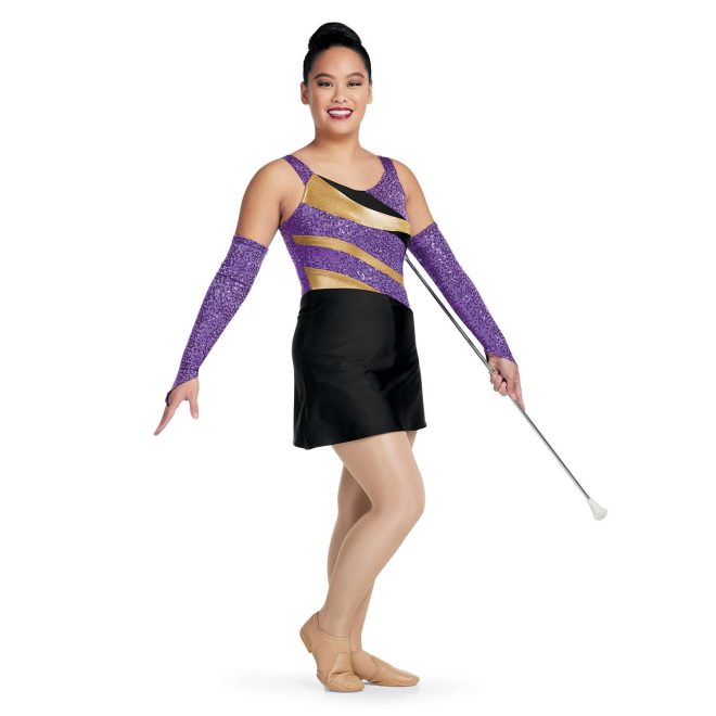 custom purple sequin, gold and black tank with black skirt dress majorette uniform front view on model wearing purple sequin gauntlets and holding baton