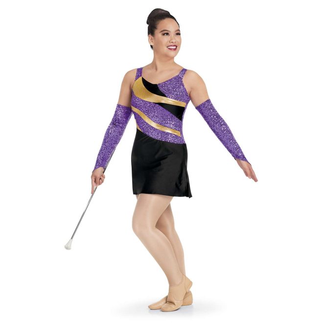 custom purple sequin, gold and black tank with black skirt dress majorette uniform front view on model wearing purple sequin gauntlets and holding baton