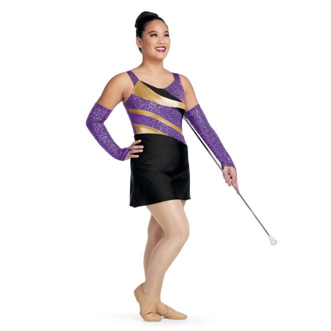 custom purple sequin, gold and black tank with black skirt dress majorette uniform front view on model wearing purple sequin gauntlets and holding baton