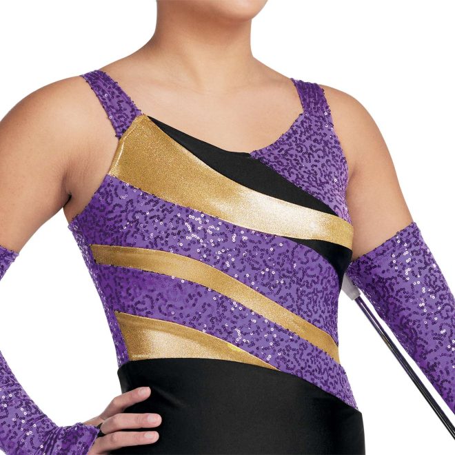 custom purple sequin, gold and black tank with black skirt dress majorette uniform front view on model wearing purple sequin gauntlets and holding baton