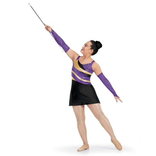 custom purple sequin, gold and black tank with black skirt dress majorette uniform front view on model wearing purple sequin gauntlets and holding baton