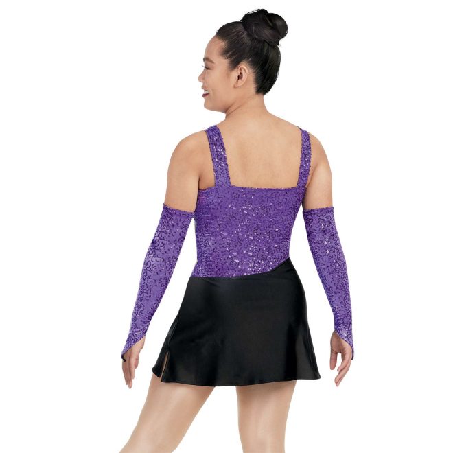 custom purple sequin tank with black skirt dress majorette uniform back view on model wearing purple sequin gauntlets