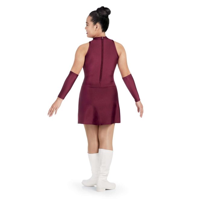 custom maroon sleeveless a-line twirler dress with side slits and attached briefs back view on model wearing maroon arm mitts and white boots