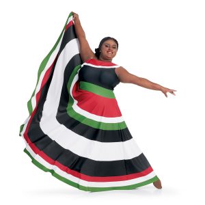 Custom onestrap color guard dress. Stripes of red, white, green and black floor length front view