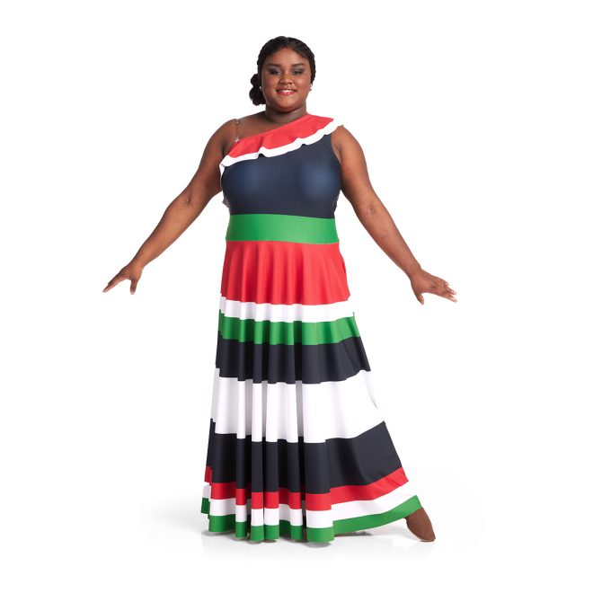 Custom onestrap color guard dress. Stripes of red, white, green and black floor length front view