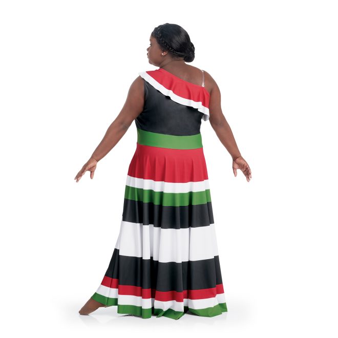Custom onestrap color guard dress. Stripes of red, white, green and black floor length back view