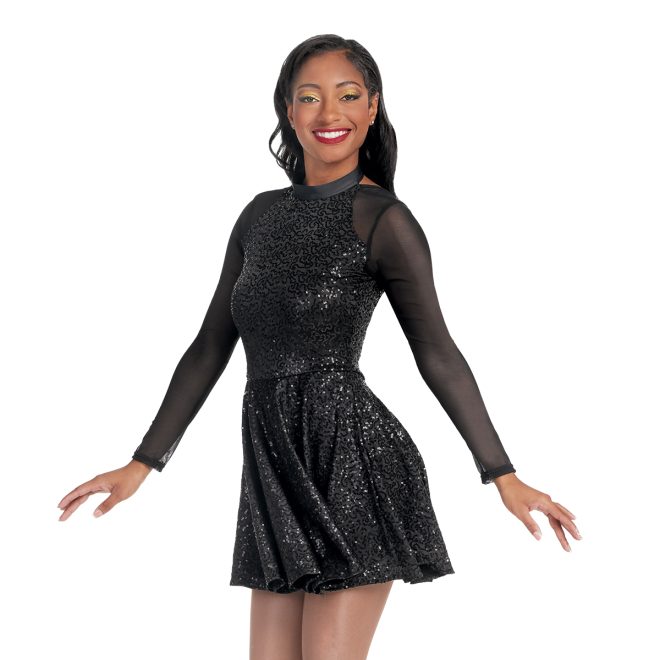 Custom color guard dress with black mesh sleeves and sequin black body front view