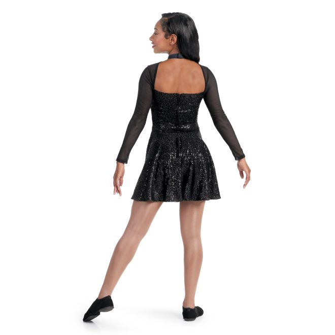 Custom color guard dress with black mesh sleeves and sequin black body back view
