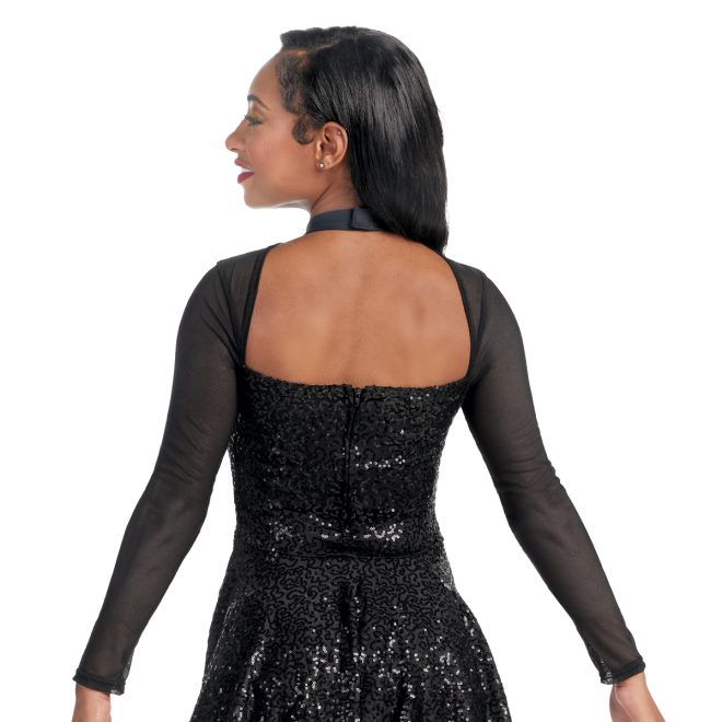 Custom color guard dress with black mesh sleeves and sequin black body back view