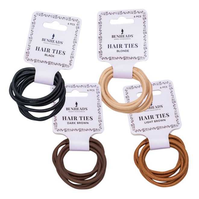 capezio bunheads hair ties in black, tan, brown, and dark brown