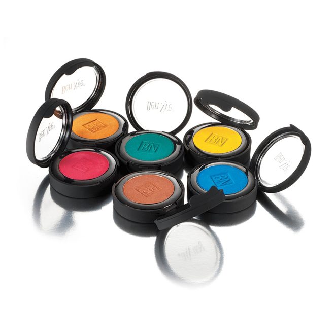 6 color options of ben nye lumiere grand colours eye makeup. peacock, tangerine, sun yellow, cherry red, cosmic blue, indian copper