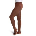 Model in a white bodysuit wearing Chestnut Capezio Ultra Soft Stirrup Tights, side view