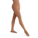 Model wearing Maple color Capezio Ultra Soft Transition Tights, front three-quarters view