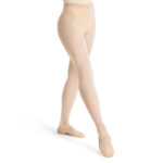 Model wearing porcelain color Capezio Ultra Soft Transition Tights, front three-quarters view