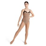 Model wearing a light suntan capezio body tight, front view view