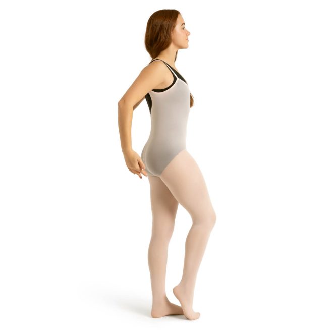 Model wearing a tan capezio body tight, side view