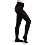 Model wearing Black Capezio Ultra Hold Footed Tights, side view