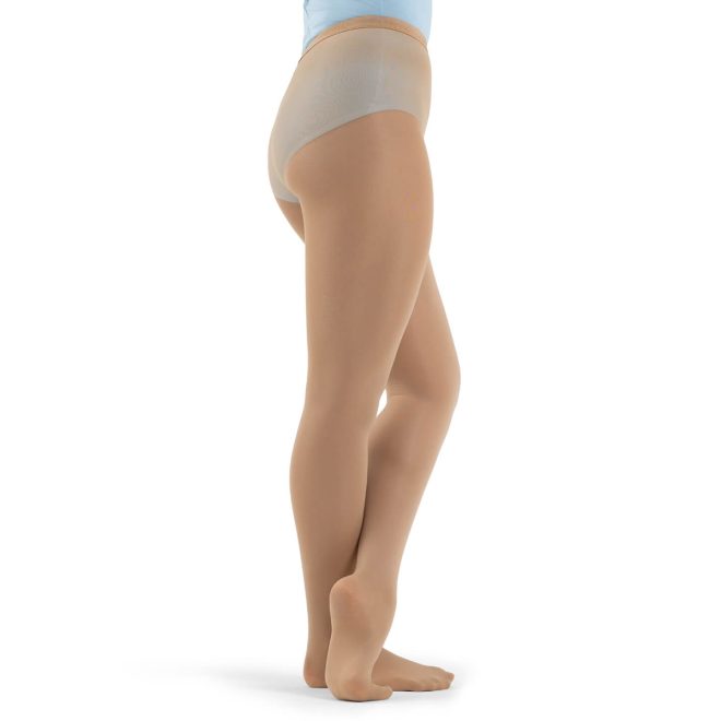 Model wearing caramel Capezio Ultra Hold Footed Tights, side view with foot detail view