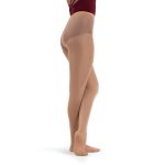 Model wearing suntan Capezio Ultra Hold Footed Tights, side view