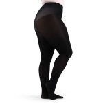 Model wearing black Capezio Hold and stretch plus sized Footed Tights, side view