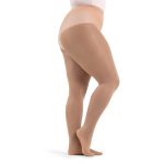 Model wearing light suntan Capezio Hold and stretch plus sized Footed Tights, side view