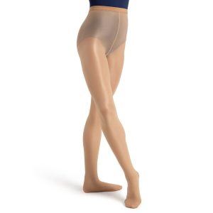 Model wearing Caramel Capezio Ultra Shimmer Footed Tights, front three-quarters view