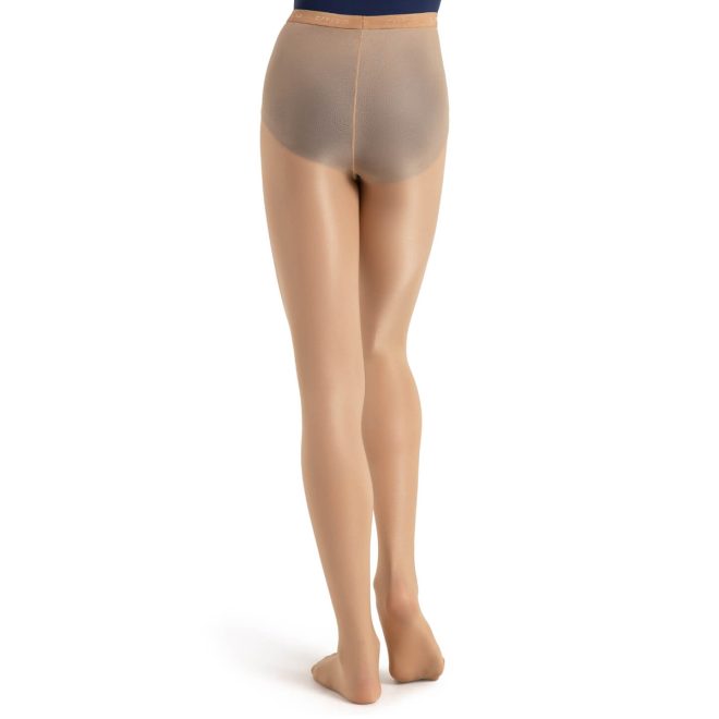 Model wearing Caramel Capezio Ultra Shimmer Footed Tights, Back View