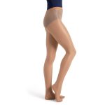 Model wearing light toast Capezio Ultra Shimmer Footed Tights, side view