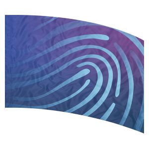 print on demand color guard flag with Turquoise fingerprint design on a navy and purple gradient background