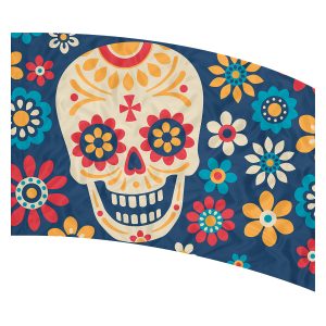print on demand color guard flag with Ivory, rust, turquoise, and gold floral sugar skull design on a navy background