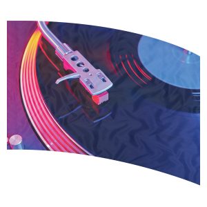 print on demand color guard flag with Cropped photo of a record player in cool tones with Pink and Yellow accents