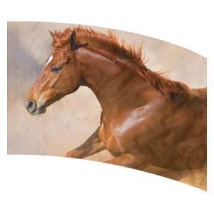 print on demand color guard flag with Red mustang horse in motion on a Tan background