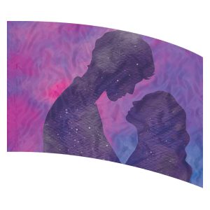 print on demand color guard flag with Couple facing each other silhouetted on a Purple and Pink clouded background