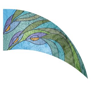 print on demand color guard flag with abstract peacock feather stained glass design in Greens, Blues, and Purples