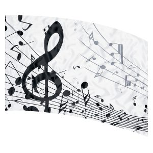 print on demand color guard flag with Black and Grey Scattered Music Note Design on a White Background