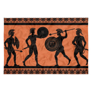 Rectangular flag with an ancient Greek-style design showing four black-figure warriors in combat poses on an orange background, bordered by black geometric patterns