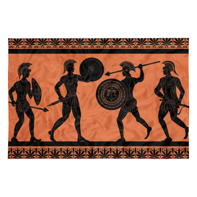 Rectangular flag with an ancient Greek-style design showing four black-figure warriors in combat poses on an orange background, bordered by black geometric patterns