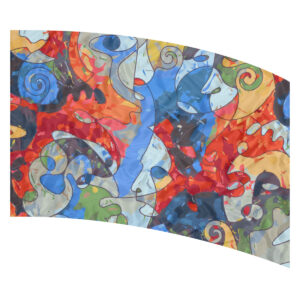 Arc-shaped printed flag with a bold, abstract design featuring layered theatrical masks, swirls, and brushstroke textures in red, blue, yellow, green, and black.