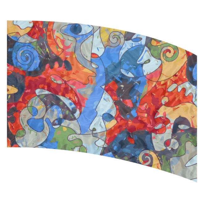 Arc-shaped printed flag with a bold, abstract design featuring layered theatrical masks, swirls, and brushstroke textures in red, blue, yellow, green, and black.