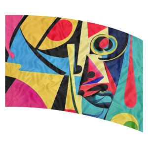 Cubist-style abstract face with bold geometric shapes in bright colors on arc-shaped flag