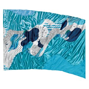 hybrid color guard flag with differed sections of white, teal, and navy some patterned some plain