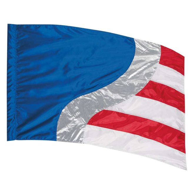 custom blue, silver, and red and white stripes color guard flag