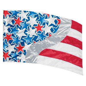 hybrid color guard flag patriotic with section of blue, white and red stars and section of red and white stripes separated by strip of silver