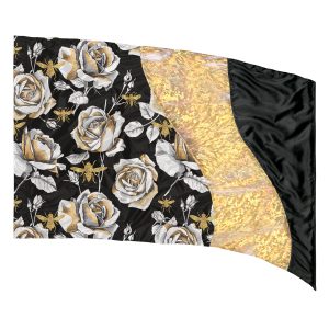 hybrid color guard flag with section of white roses, gold insects and black background, section of gold, and section of black