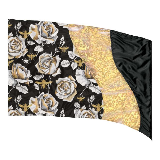 custom black, gold, and printed roses and bees color guard flag