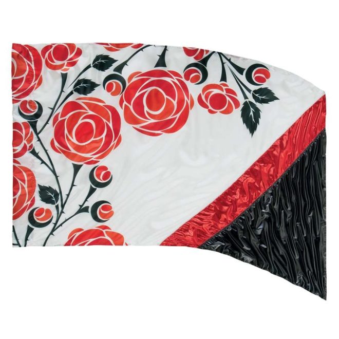 custom black, red, and white rose print color guard flag