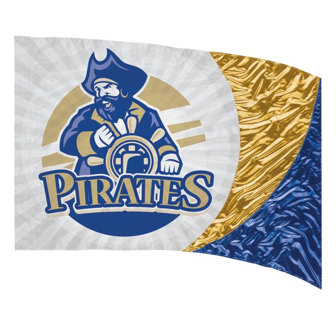 hybrid color guard flag with sections of blue and gold and large section with white background and pirate logo in blue and gold